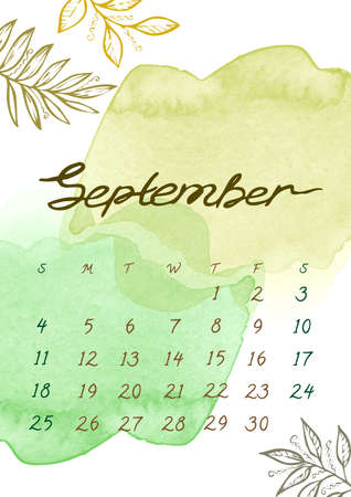 September Autumn month Calendar template for 2022 year. Watercolor green gradient colorful splash and leaf on white background. Week Starts Sundayの写真素材