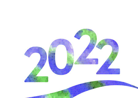 Multicolor lettering 2022 number year and wave written in Watercolor mosaic elements on white...