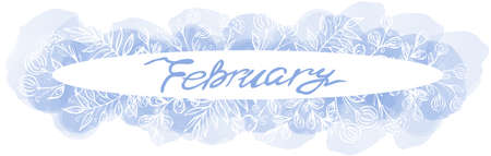 Winter calligraphy line art lettering. Violet one line hand drawing of a February month in an oval frame with frost leaves and flowers and watercolor blots on white backgroundの写真素材
