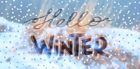Hand drawn lettering winter phrase on blurred background. Hello Winter - calligraphy text on nature photo Backdrop