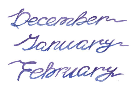 Watercolor continuous blue and violet one line drawing lettering Set Winter month December, January and February on white backgroundの写真素材