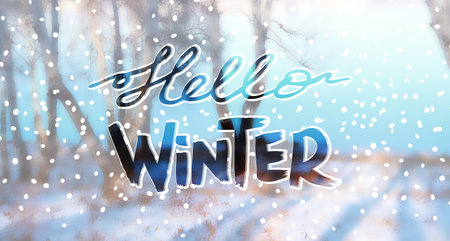 Hand drawn lettering winter phrase on blurred landscape background. Hello Winter - calligraphy text on nature snow forest and water photo Backdrop