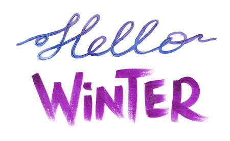 Hand drawn lettering winter phrase. hello winter - inscription text with typography design. Line art blue one line calligraphy and Watercolor purple script on white backgroundの写真素材