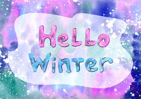 hello Winter - calligraphy line art text with typography design on Watercolor violet, purple, green and blue Backdrop. Hand drawn lettering winter phrase in frame on colors Background. White snowの写真素材