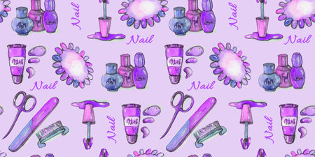Watercolor abstract Seamless pattern digital paper textile packaging Makeup manicure nail polish Backgrounds. multicolor violet and purple scissors, file, color palette, gel nail polish and Make-up brush elements on pink Background.の写真素材