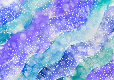 Watercolor diagonal waves Backdrop. Snowy Winter Multicolor Background. Violet, turquoise and green colorsの写真素材