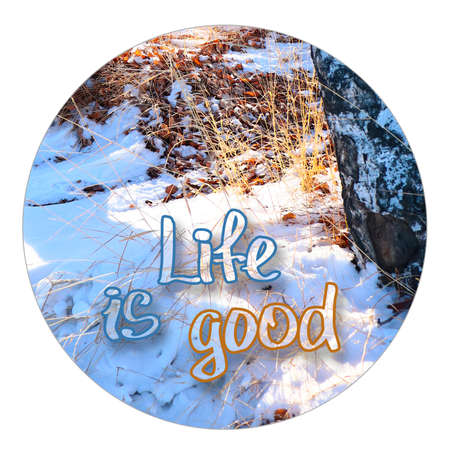Life is good - Positive phrase on winter background. Lettering in circle Photo Snowy yellow grass and birch on white backdrop. Winter Sunny dayの写真素材
