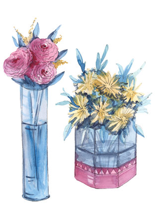 Watercolor bouquet. Flowers in a vase. Happy holidayの写真素材