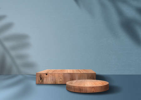 Wooden exhibition podium Cosmetic display product. Group Wood pedestals.. 3D Background. Branch shadow with Leaves. Stand with Wood texture. Tropical Leave. 3D rendering. Blue Cosmetic showcaseの写真素材