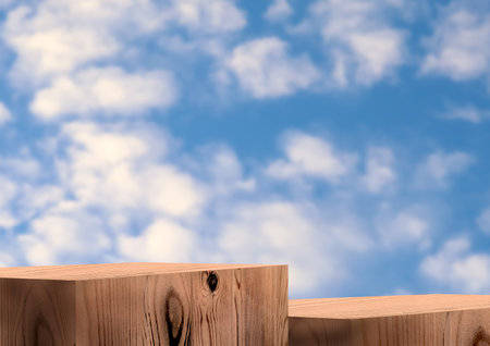 Wooden exhibition podium. 3D Background. Group pedestal with Wood texture. Blue sky and clouds. Stand with Wood texture. 3D renderingの写真素材