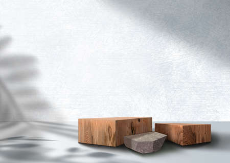 Wooden exhibition podium. White and gray Backdrop. Group pedestals. 3D Background. Branch shadow with Leaves. Stand with Wood texture. 3D rendering. Tropical Leave. Cosmetic display productの写真素材