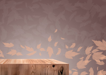 Wooden exhibition podium. 3D Background. Beige and brown colors. Falling leaves in the Backdrop. Cosmetic display product. Stand with Wood texture. 3D renderingの写真素材