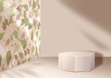 Beige exhibition Podium. 3D rendering. 3D illustration. Leaves on the wallの写真素材