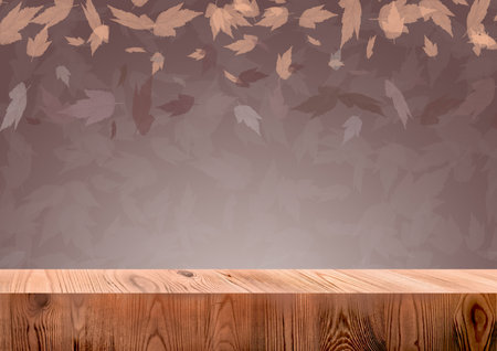 Wooden exhibition podium. 3D Background. Falling leaves in the Backdrop. Cosmetic display product....
