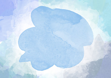 Watercolor blue clouds on summer sky. Watercolor abstract Blots on colorful background. Multicolor gradient Blobs, mottled blurred splashesの写真素材