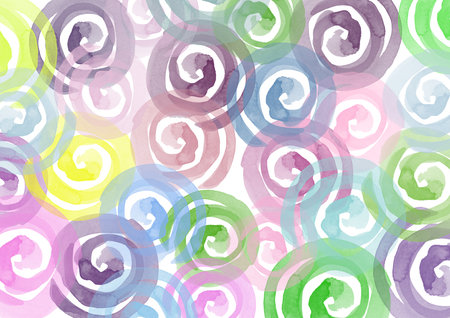 Watercolor abstract multicolor rainbow Background. Blue and pink, green and purple, violet and yellow summer or spring colorful Backdrop. Spiral or circle Watercolor elementsの写真素材