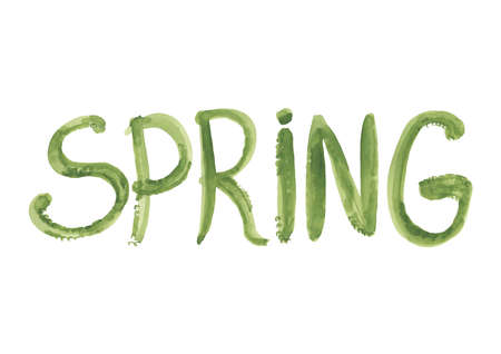 Spring - calligraphy watercolor green lettering. Colorful hand drawn text spring. Trendy Pastel colored illustration on white backgroundの写真素材