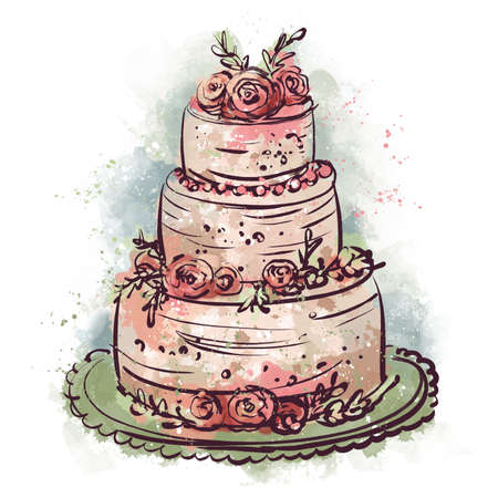 Wedding cake with flowers watercolor sketch. Holiday dessert in vintage style. Hand-drawn wedding cakeの写真素材