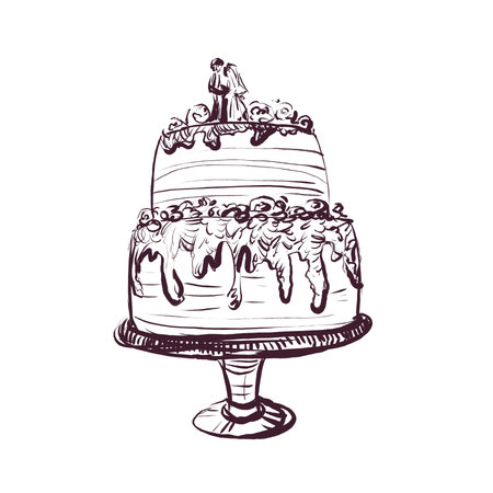 Wedding cake with the bride and groom, vintage sketch on a white background. Holiday dessert in...