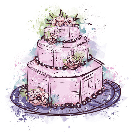 The wedding cake is pale pink, watercolor sketch. Holiday dessert in vintage style. Hand-drawn...