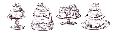 Hand-drawn wedding cake. A set of wedding cakes. Holiday dessert in vintage style.