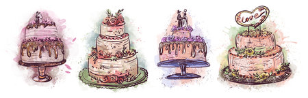 A set of wedding cakes, a watercolor sketch. Hand-drawn wedding cake in Provence style.の写真素材