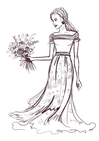 African girl model, in a dress, with flowers. Fashion illustration with a young girl.の写真素材