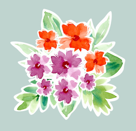 A composition of watercolor red and purple flowers. Watercolor illustration in form of a stickerの写真素材