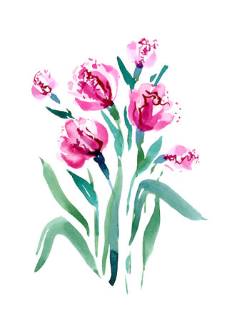 Small buds of watercolor roses with leaves on a white backgroundの写真素材