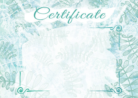Certificate template for business design. Watercolor abstract frames, green, turquoise and blue gradient with tropical leave texture.の写真素材