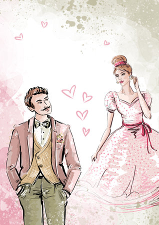 The bride and groom in a wedding dress, a sketch drawn by hand. Watercolor Greeting card with a wedding day or wedding anniversaryの写真素材