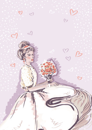 The bride with a bouquet of flowers on colorful background with heart. Watercolor Greeting card with a wedding day or wedding anniversaryの写真素材
