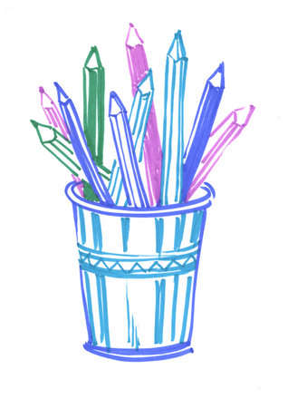Pencils in a glass, hand-drawn with a felt-tip pen on a white backgroundの写真素材