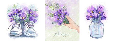 A set of bouquets of watercolor flowers in boots, on a white backgroundの写真素材