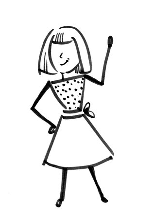 The student, a young girl in a dress, stands, shows, talksの写真素材