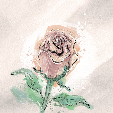Watercolor trendy stylish rose on a textured beige background, hand-drawn illustrationの写真素材