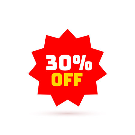 Tag with discount offer. Low cost icon. Promo icon in flat style. Vector promotion red label.
