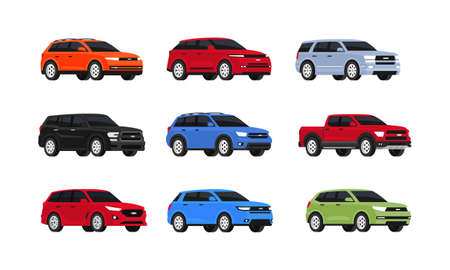 Car suv collection isolated on white background. Auto side view. Set of of different models of cars. City vehicles transport. Vector illustrayion in flat style. Red, blue, green and yellow automobile.のイラスト素材
