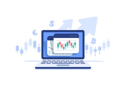 Stocks market graph chart on laptop screen. Technical analysis candlestick chart. Global stock exchanges index. Forex trading concept. Trading strategy. Vector illustration in flat style.のイラスト素材