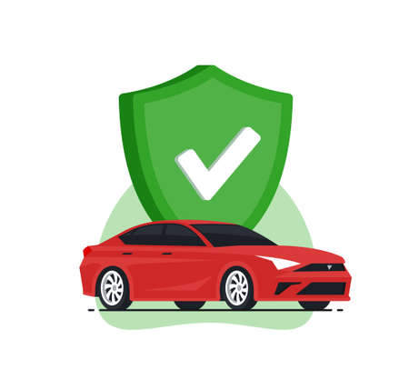 Auto safetyconcept. Car insurance. Red car with green shield. Vector illustration in flat style.のイラスト素材