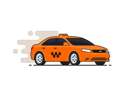 Car taxi rides around city. Yellow cab side view. Pictogram isolated on white background. Vector illustration in flat style.のイラスト素材