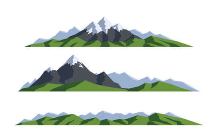 Mountain landscape. Collection isolated vector illustration. Silhouette rocks. Panoramic view on white background. Can be used for climbing, expedition, camping, adventures in nature and so on.のイラスト素材