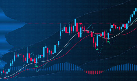 Stock market candlestick chart vector illustration. Buy and sell indicators for trade on the chart....
