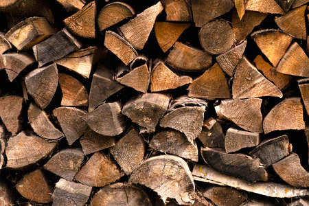 A lot of stacked chopped firewood prepared for use. The tree is damaged by time.の写真素材