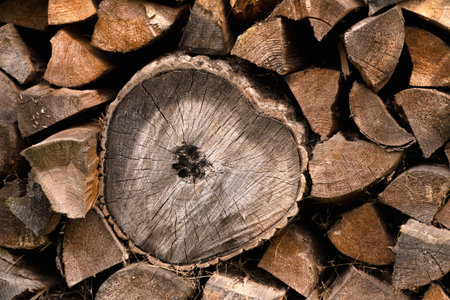 A lot of stacked chopped firewood prepared for use. The tree is damaged by time.