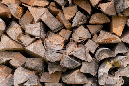 A lot of stacked chopped firewood prepared for use. The tree is damaged by time.