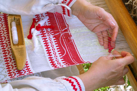 Embroidery of a traditional linen towel. According to old technologies.の写真素材