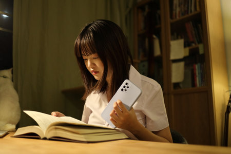 A young female student in a Thai university uniform sits at a desk in study, doing homework and study hard. International Students' Day, World Students' Day. Gen Z, E-learningの写真素材