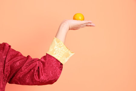 Happy Chinese new year. Hand of asian chinese senior man wearing red traditional clothing with gesture of hand holding orange isolated on orange background.の写真素材