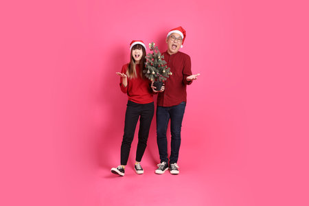 Merry Christmas, Asian senior and young woman in formal and casual red clothes with gesture of holding Christmas tree, isolated on the pink background.の写真素材